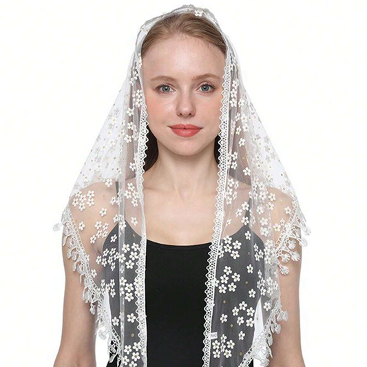 Wedding Floral Print Bridal Triangle Scarf Triangle Veil Cathedral Head Wrap Lace Shawl Latin Scarf Veil