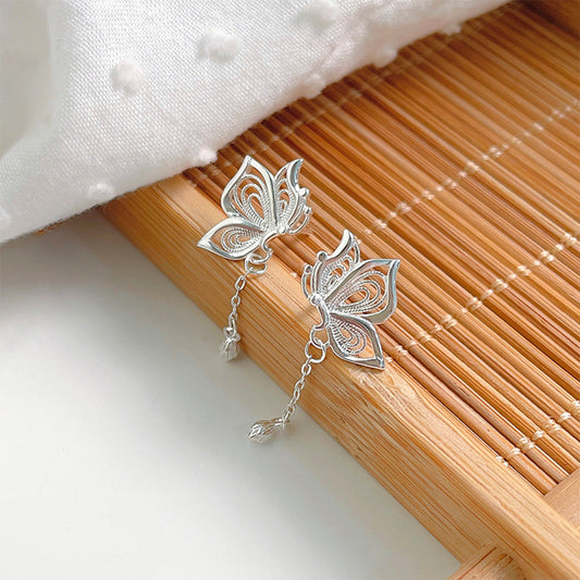 S999 pure silver sweet butterfly lotus earrings for women 2024 new design niche light luxury small fresh