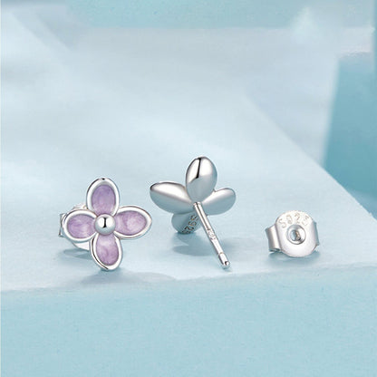 Purple lilac flower earrings 925 sterling silver four-leaf clover women's high-end temperament simple versatile earrings exquisite small earrings