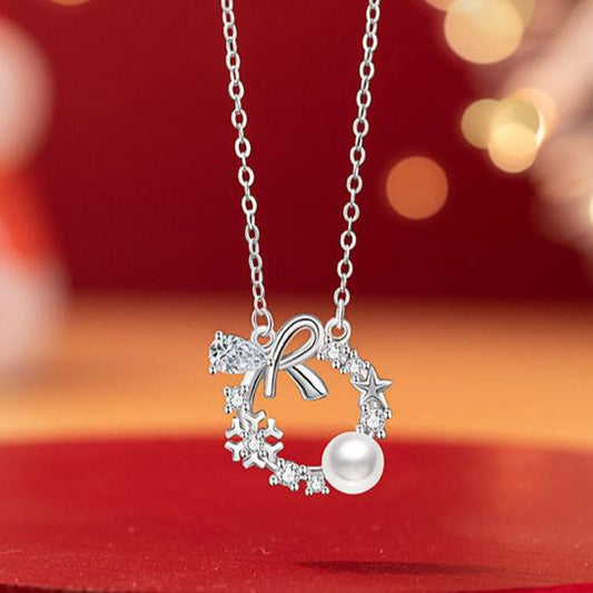 Bow Pearl Garland Necklace Women's Sterling Silver Light Luxury High-Quality Snowflake Clavicle Chain Christmas Gift for Girls