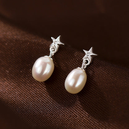 14k White Gold Freshwater Cultured Pearl Star Drop Dangle Earrings Fine Jewelry For Women Gifts For Her