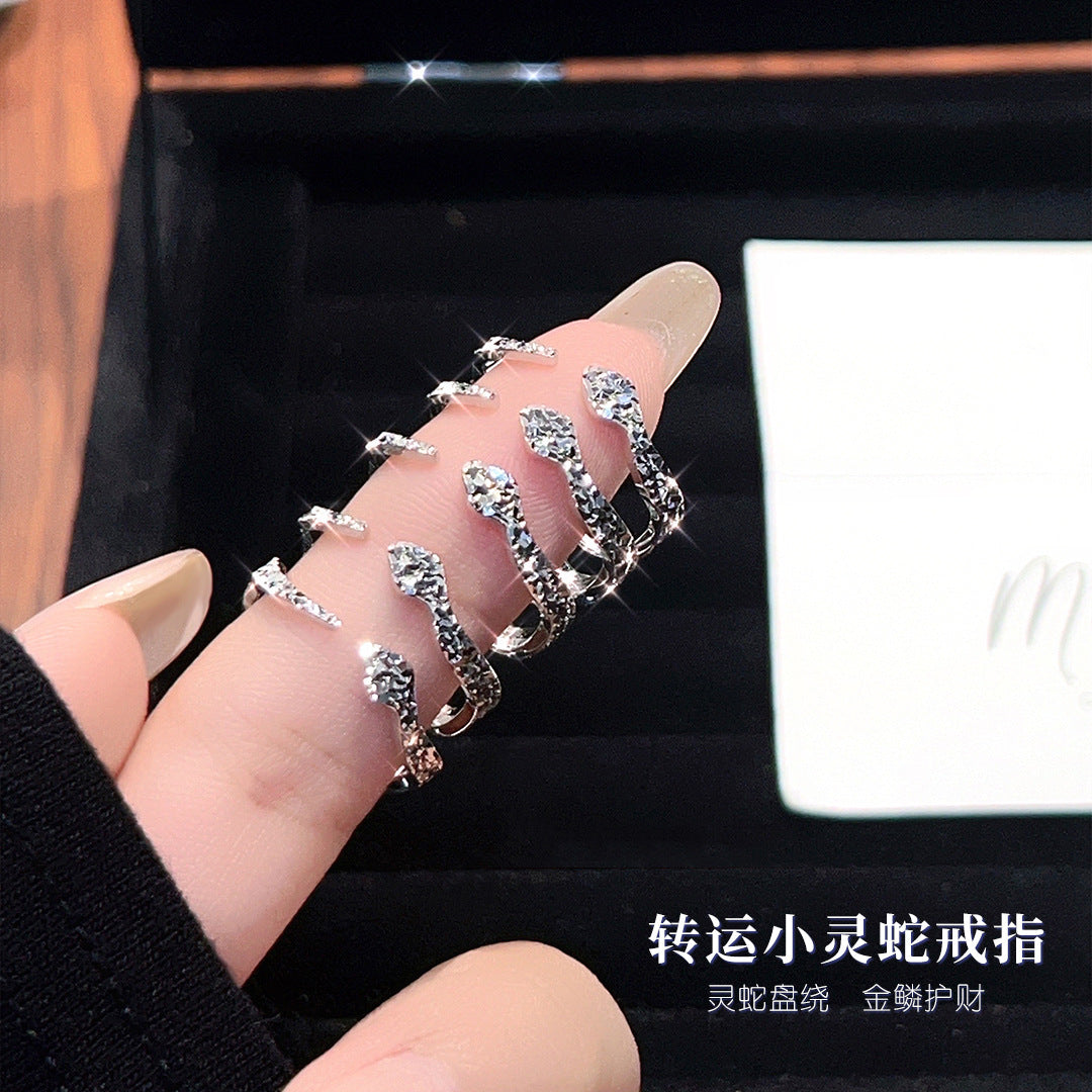 Broken Ice Snake S999 sterling silver ring for girls, flash niche design, light luxury, high-end style, full silver tail ring