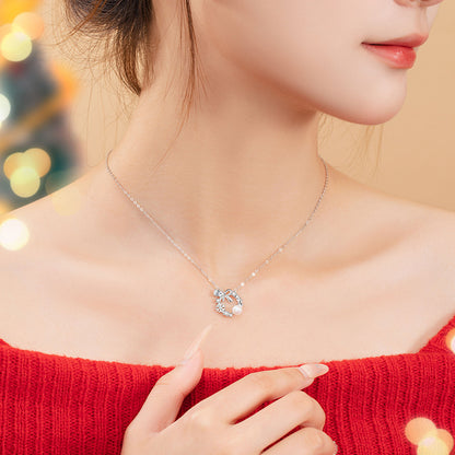 Bow Pearl Garland Necklace Women's Sterling Silver Light Luxury High-Quality Snowflake Clavicle Chain Christmas Gift for Girls