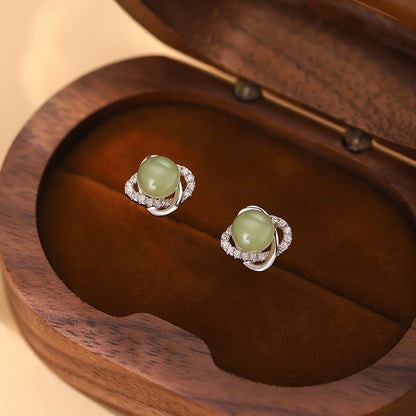 999 sterling silver natural Hetian jade earrings for women, high-end, luxury, niche earrings, pierced ears, fashionable earrings