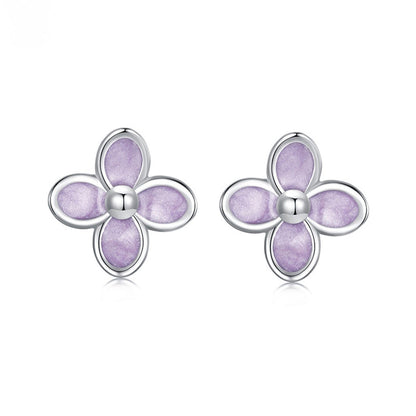 Purple lilac flower earrings 925 sterling silver four-leaf clover women's high-end temperament simple versatile earrings exquisite small earrings