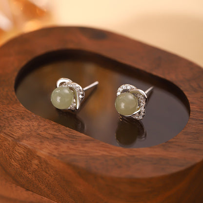 999 sterling silver natural Hetian jade earrings for women, high-end, luxury, niche earrings, pierced ears, fashionable earrings