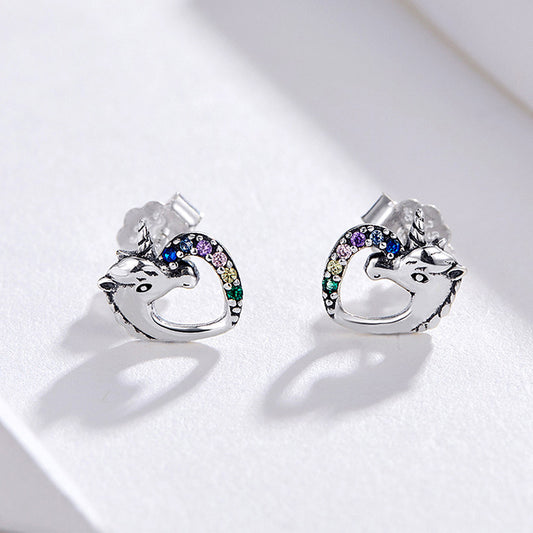 S925 sterling silver earrings for women, fashionable unicorn, hypoallergenic temperament, silver earrings, fashionable personality