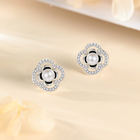 S999 sterling silver camellia pearl earrings for women French light luxury retro simple flower micro-encrusted zircon earrings s999