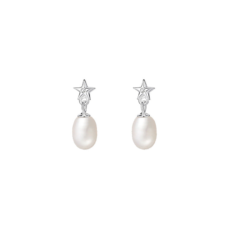 14k White Gold Freshwater Cultured Pearl Star Drop Dangle Earrings Fine Jewelry For Women Gifts For Her