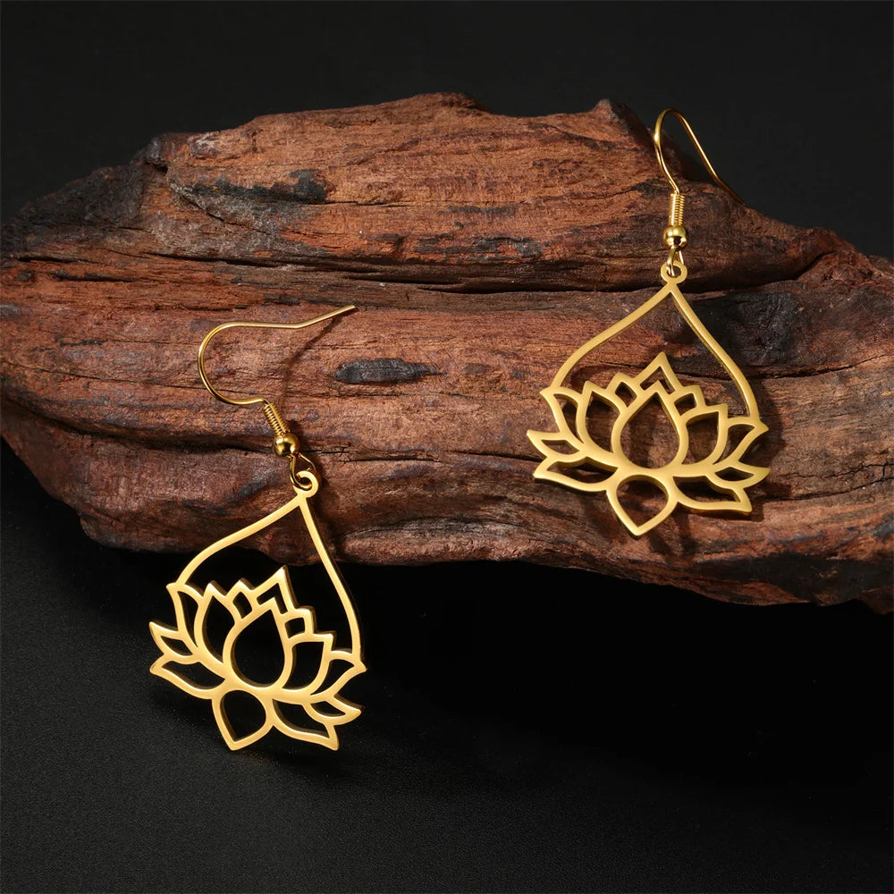 My Shape Hollow Lotus Drop Earrings for Women Stainless Steel Flower Dangle Earring Yoga Buddhism Jewelry Gifts Amulet