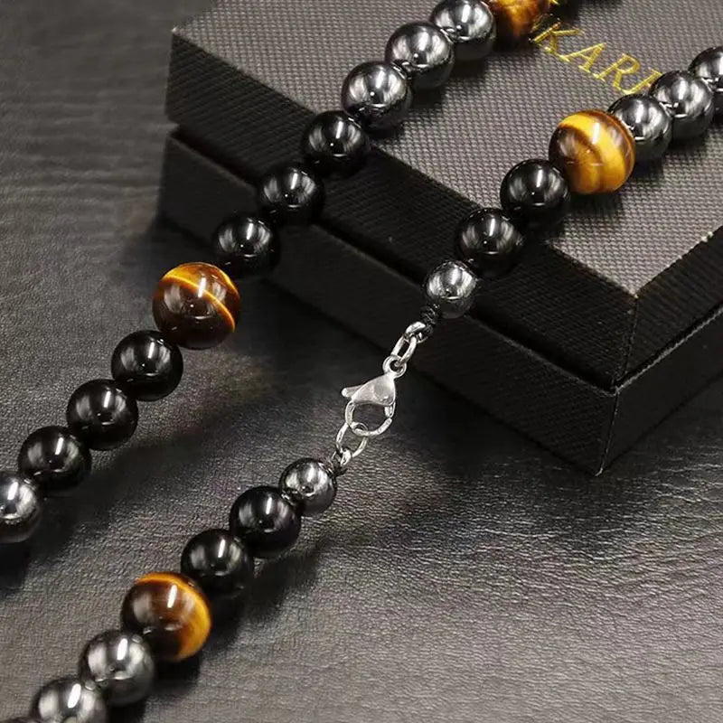 Magnetic Hematite Necklace for Men Black Gallstone Stone Bead Pendant Health Care Magnet Necklace for Treating Sore Neck Spine