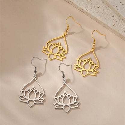 My Shape Hollow Lotus Drop Earrings for Women Stainless Steel Flower Dangle Earring Yoga Buddhism Jewelry Gifts Amulet