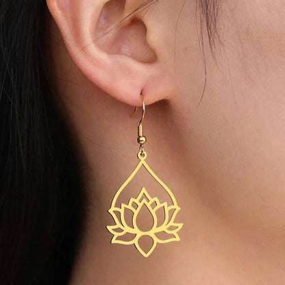 My Shape Hollow Lotus Drop Earrings for Women Stainless Steel Flower Dangle Earring Yoga Buddhism Jewelry Gifts Amulet