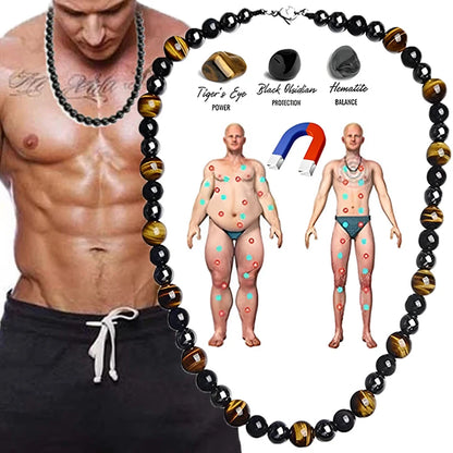 Magnetic Hematite Necklace for Men Black Gallstone Stone Bead Pendant Health Care Magnet Necklace for Treating Sore Neck Spine