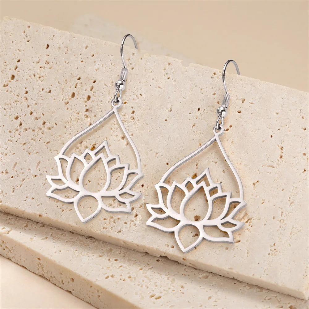 My Shape Hollow Lotus Drop Earrings for Women Stainless Steel Flower Dangle Earring Yoga Buddhism Jewelry Gifts Amulet