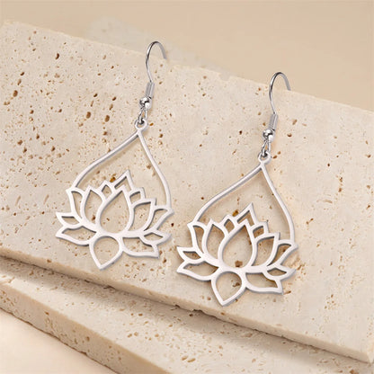 My Shape Hollow Lotus Drop Earrings for Women Stainless Steel Flower Dangle Earring Yoga Buddhism Jewelry Gifts Amulet