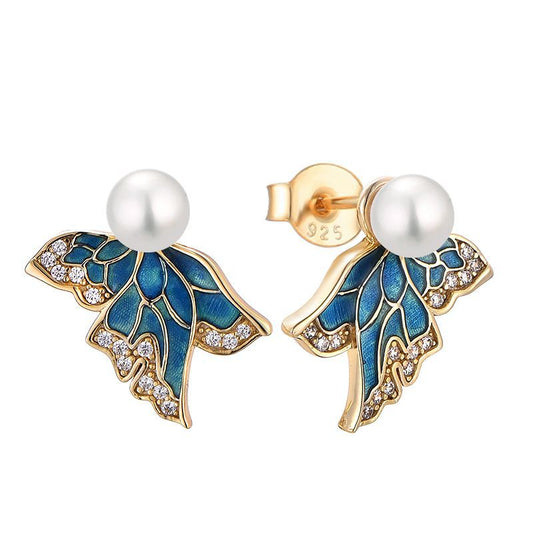 Natural freshwater pearl earrings new light luxury fantasy micro-inlaid butterfly earrings French retro S925 silver needle earrings