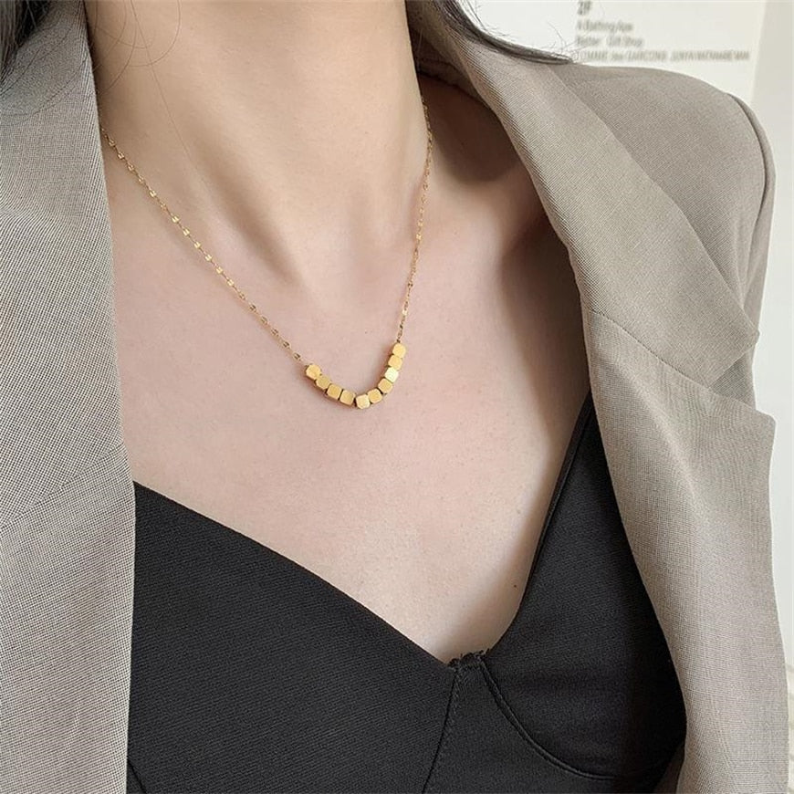 316L Stainless Steel New Fashion Upscale Jewelry Beaded Minimalism Square Charm Dazzling Chain Choker Necklace Pendant For Women - LEIDAI