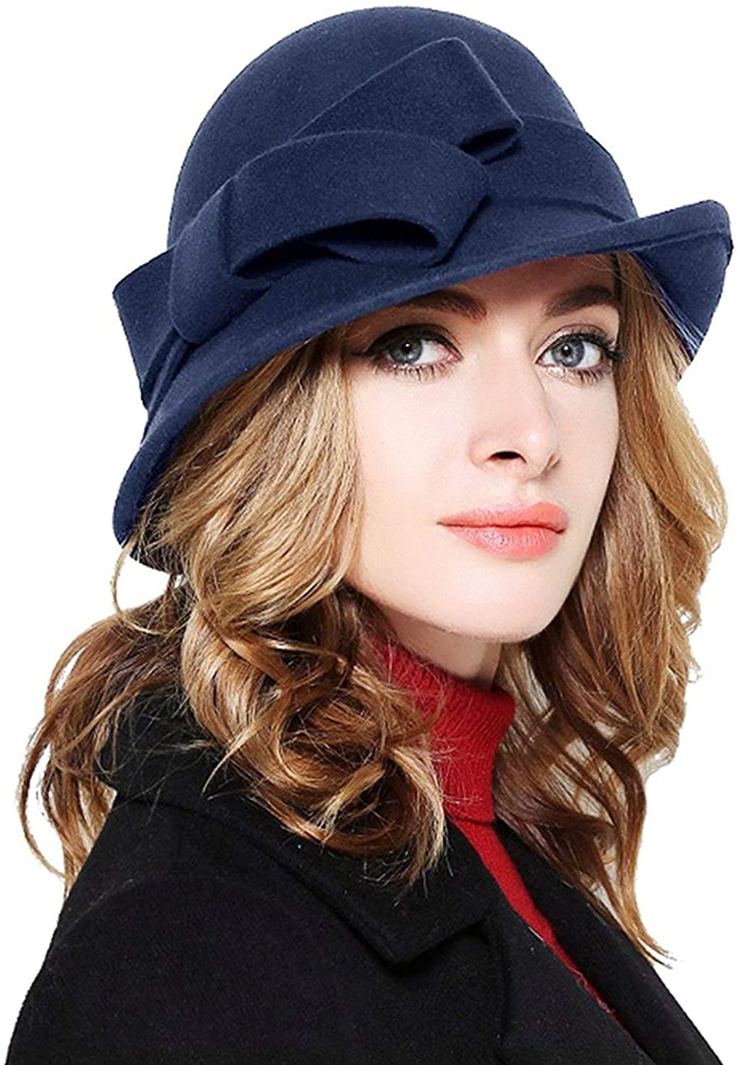 Bellady Women Solid Color Winter Hat 100% Wool Cloche Bucket with Bow Accent - LEIDAI