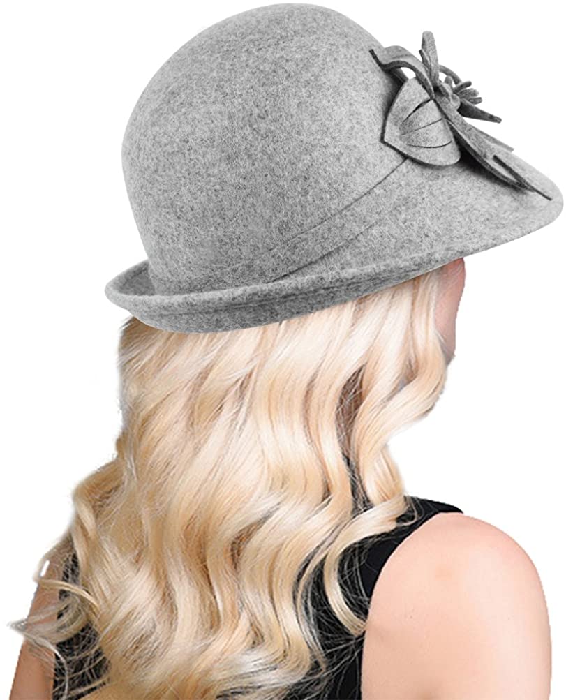 Bellady Women Solid Color Winter Hat 100% Wool Cloche Bucket with Bow Accent - LEIDAI