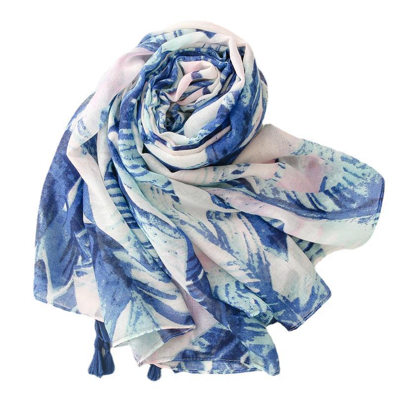 Blue big banana leaf tropical plant handmade fringed scarf shawl - LEIDAI