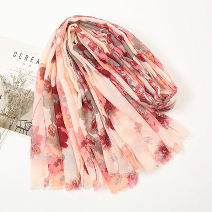 Cotton and linen scarf Chinese style flower simple and elegant literary silk scarf warm shawl - LEIDAI