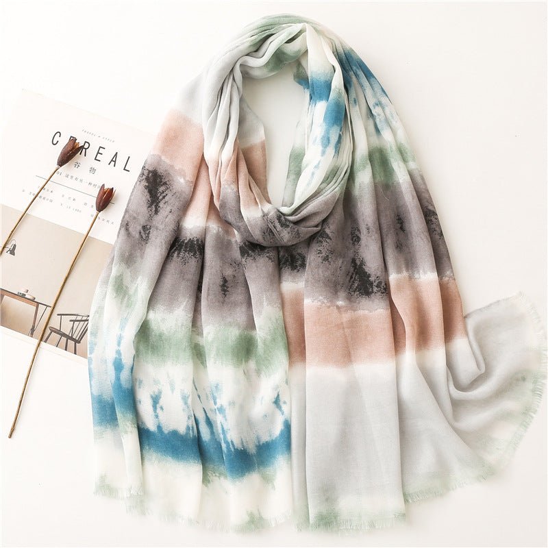 Ink painting rainbow rendering pattern travel beach towel shawl women's scarf - LEIDAI