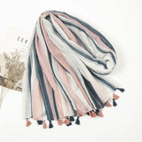 New simple fashion gray powder white contrast color striped tassel scarf cotton linen warm scarf - LEIDAI