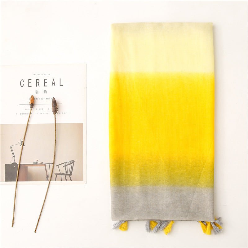 Plain yellow gradient handmade fringed gauze shawl scarf - LEIDAI
