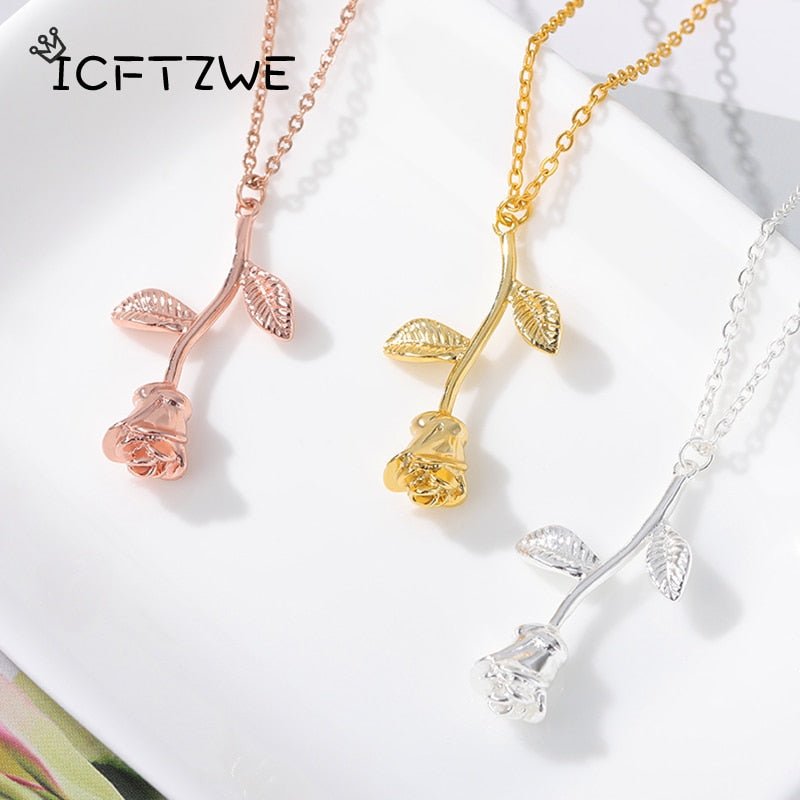 Rose Flower Pendant Necklaces For Women Stainless Steel 3 Colors Vintage Boho Necklace Glamour 2021 Fashion Valentine Jewerly - LEIDAI