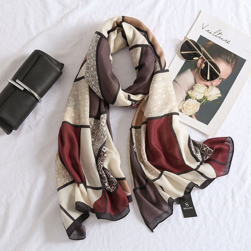 Versatile plaid cotton and linen scarf Medium-thick thermal long scarf shawl - LEIDAI