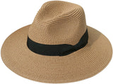 Women Wide Brim Straw Panama Roll up Hat Belt Buckle Fedora Beach Sun Hat UPF50+ - LEIDAI