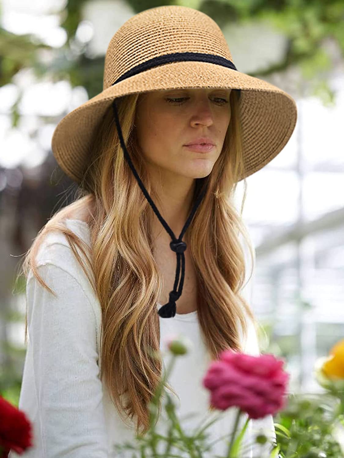 Womens Wide Brim Sun Hat with Wind Lanyard UPF Summer Straw Sun Hats for Women - LEIDAI